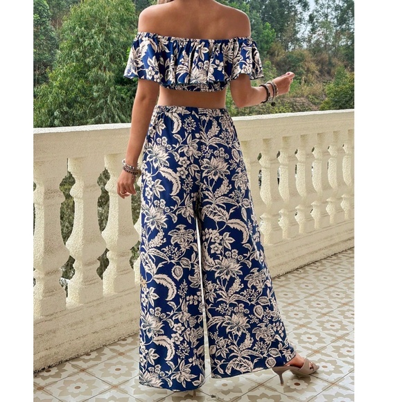 Maternity Floral Print Ruffle Off Shoulder Top Wide leg Pants Set - Picture 2 of 4
